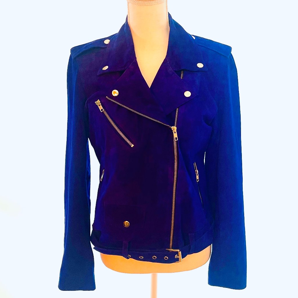 La Pelle - Women' S Sapphire Blue Suede Moto Belted Jacket